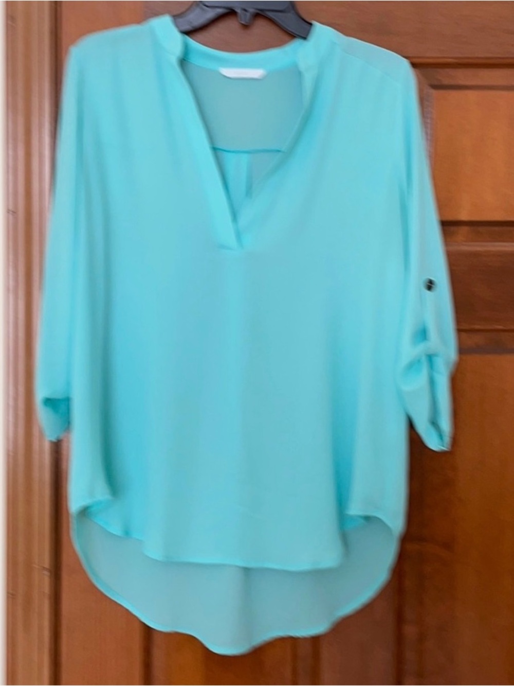 Lush Aqua Split-Neck Tunic Blouse